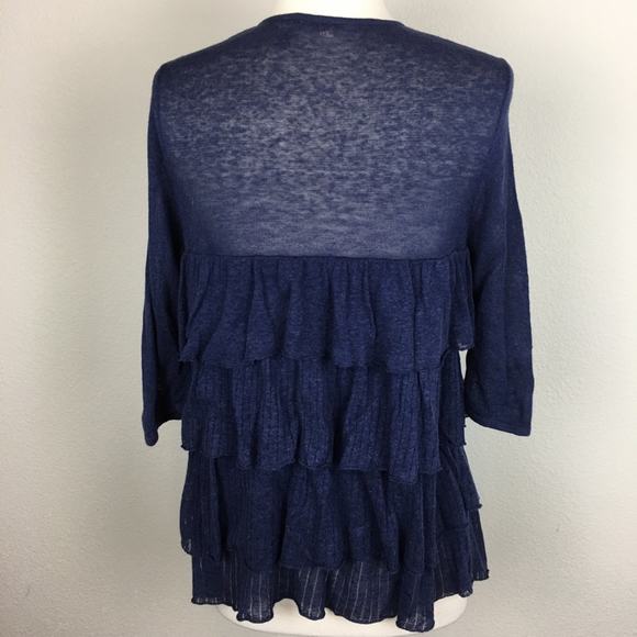 Moth Navy Short Sleeve Ruffle Layer Falling Tiers LInen Blend Cardigan Small - Picture 4 of 7
